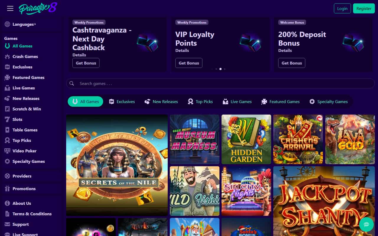 Paradise8 homepage showing a loaded casino game lobby and welcome offer in September 2026