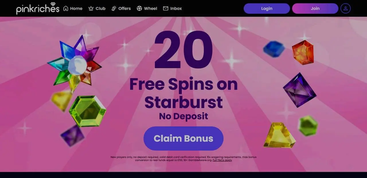 Pink Riches homepage showing the current Starburst spins offer