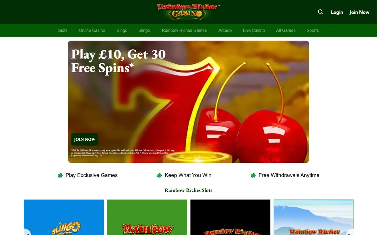 Rainbow Riches Casino homepage showing its September 2026 welcome offer