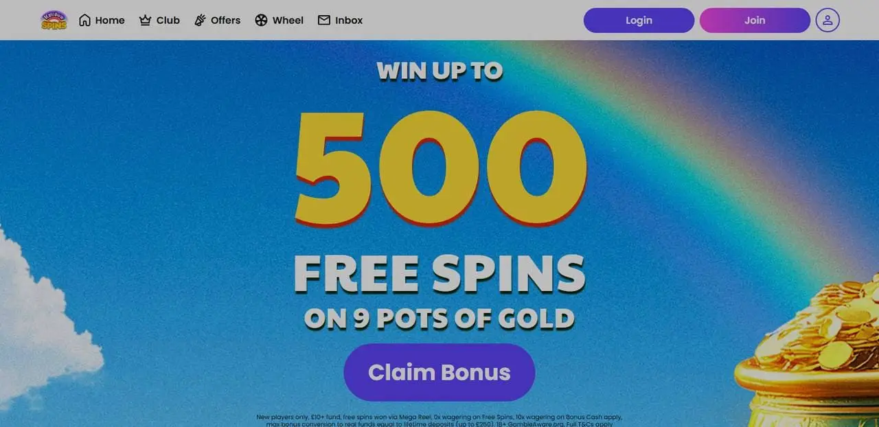 Rainbow Spins homepage showing the current 9 Pots of Gold offer