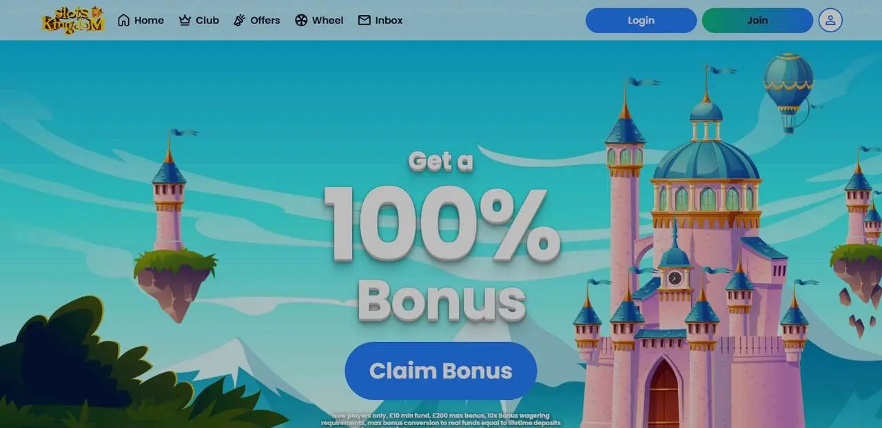 Slots Kingdom homepage showing the current 100% bonus offer