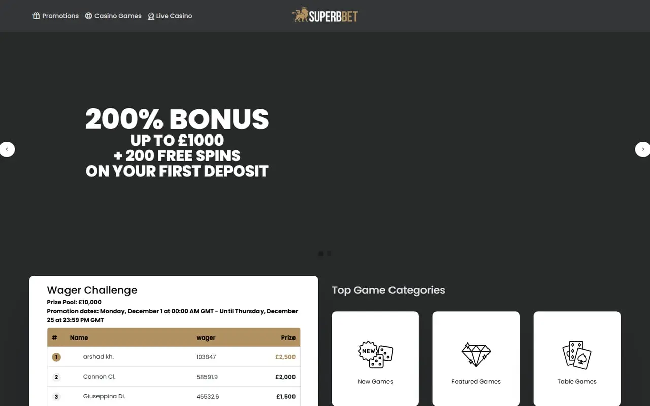 Archived Superb Bet homepage showing the January 2026 first deposit offer