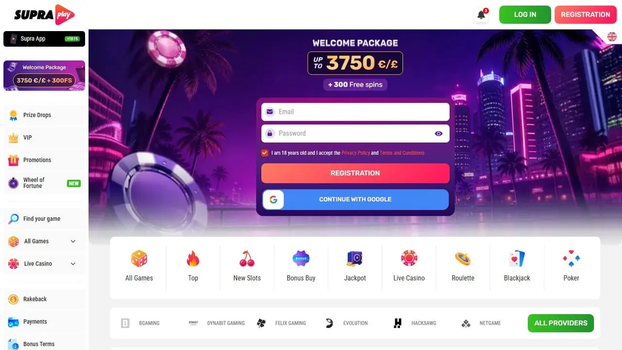 SupraPlay casino homepage showing the welcome package and game categories