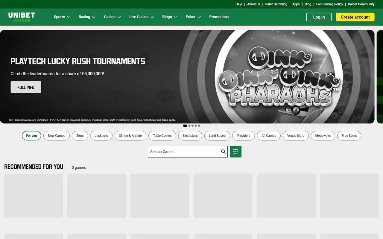 Unibet casino homepage showing its current navigation and promotion