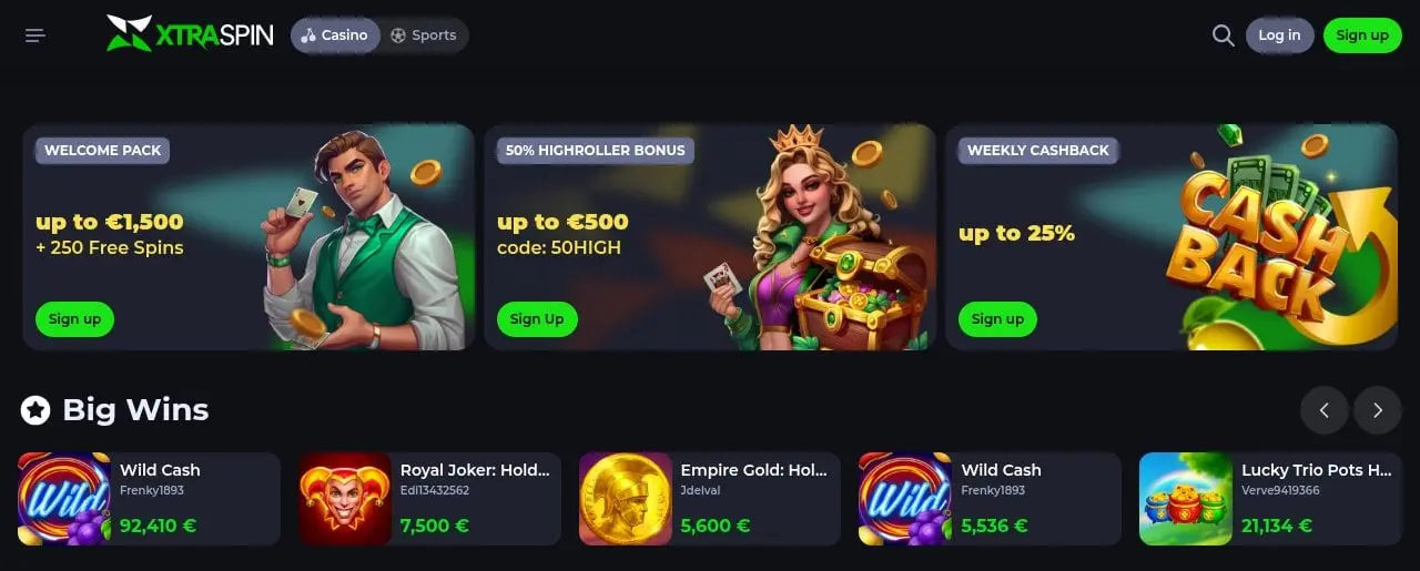 XtraSpin homepage showing current casino offers and a fully loaded Big Wins panel in September 2026