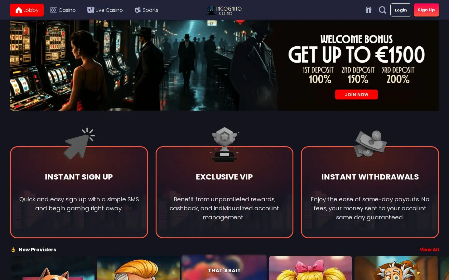 Incognito Casino homepage
