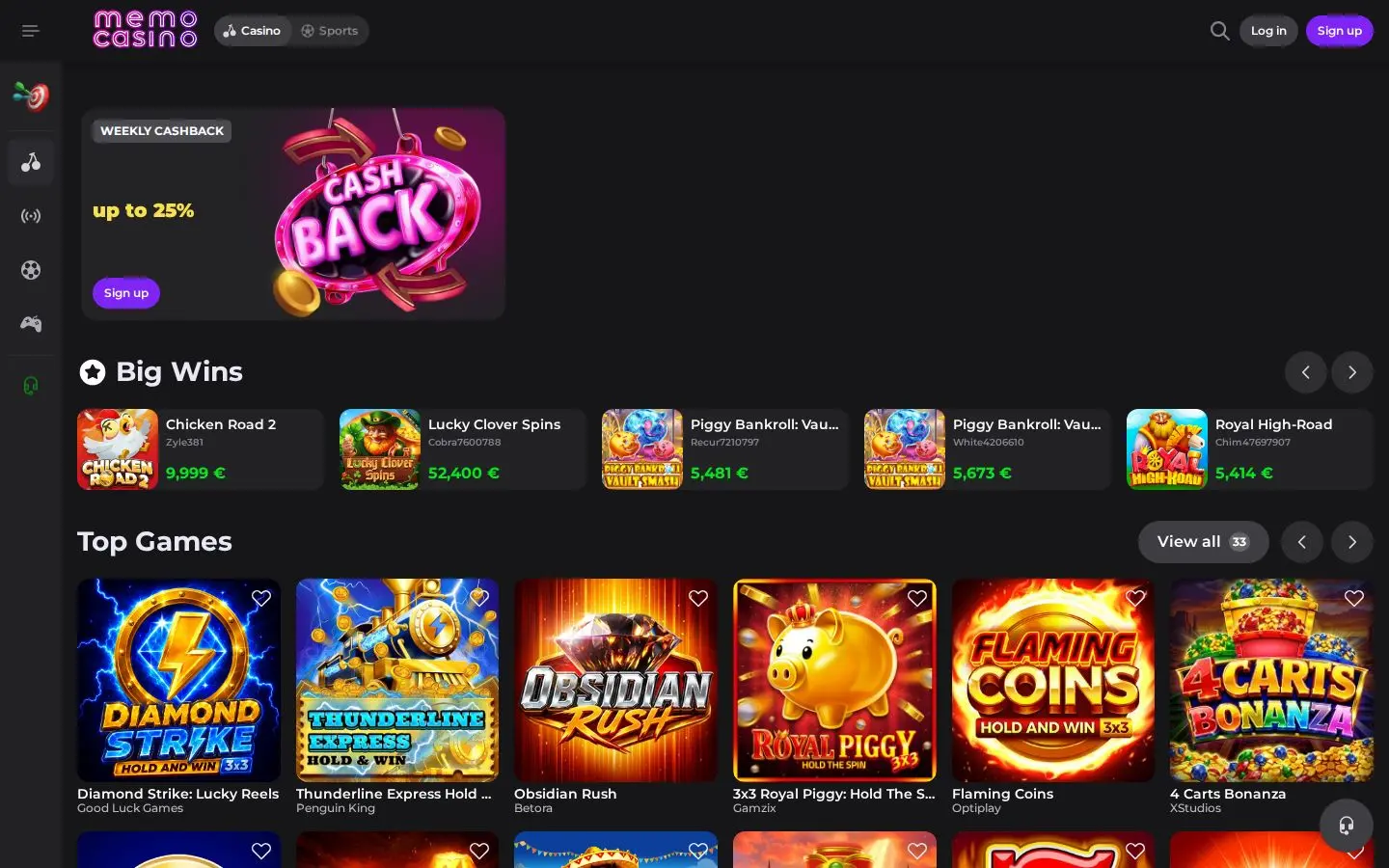 Memo Casino homepage