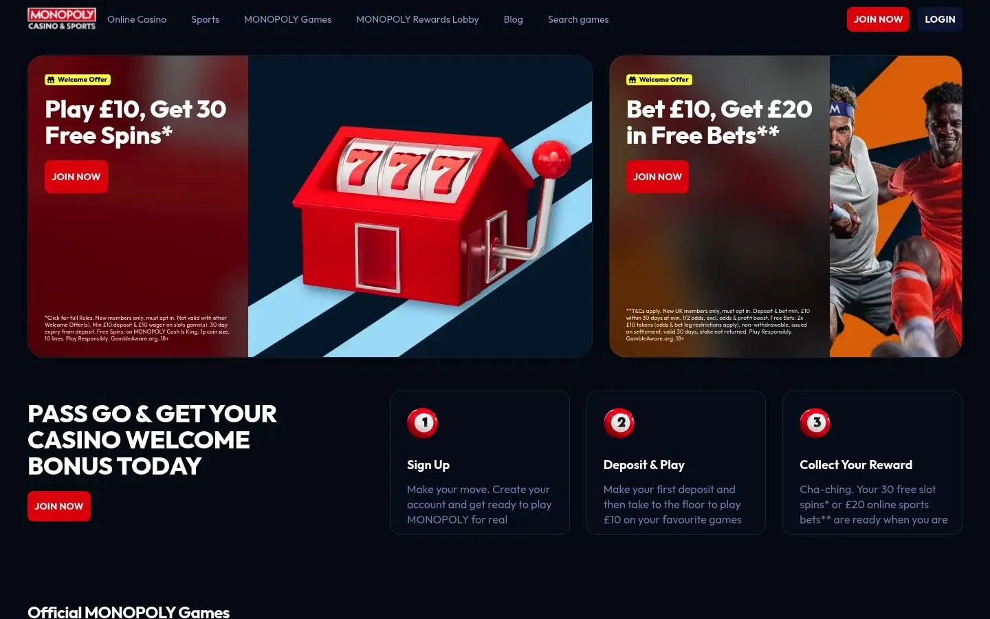 Monopoly Casino homepage