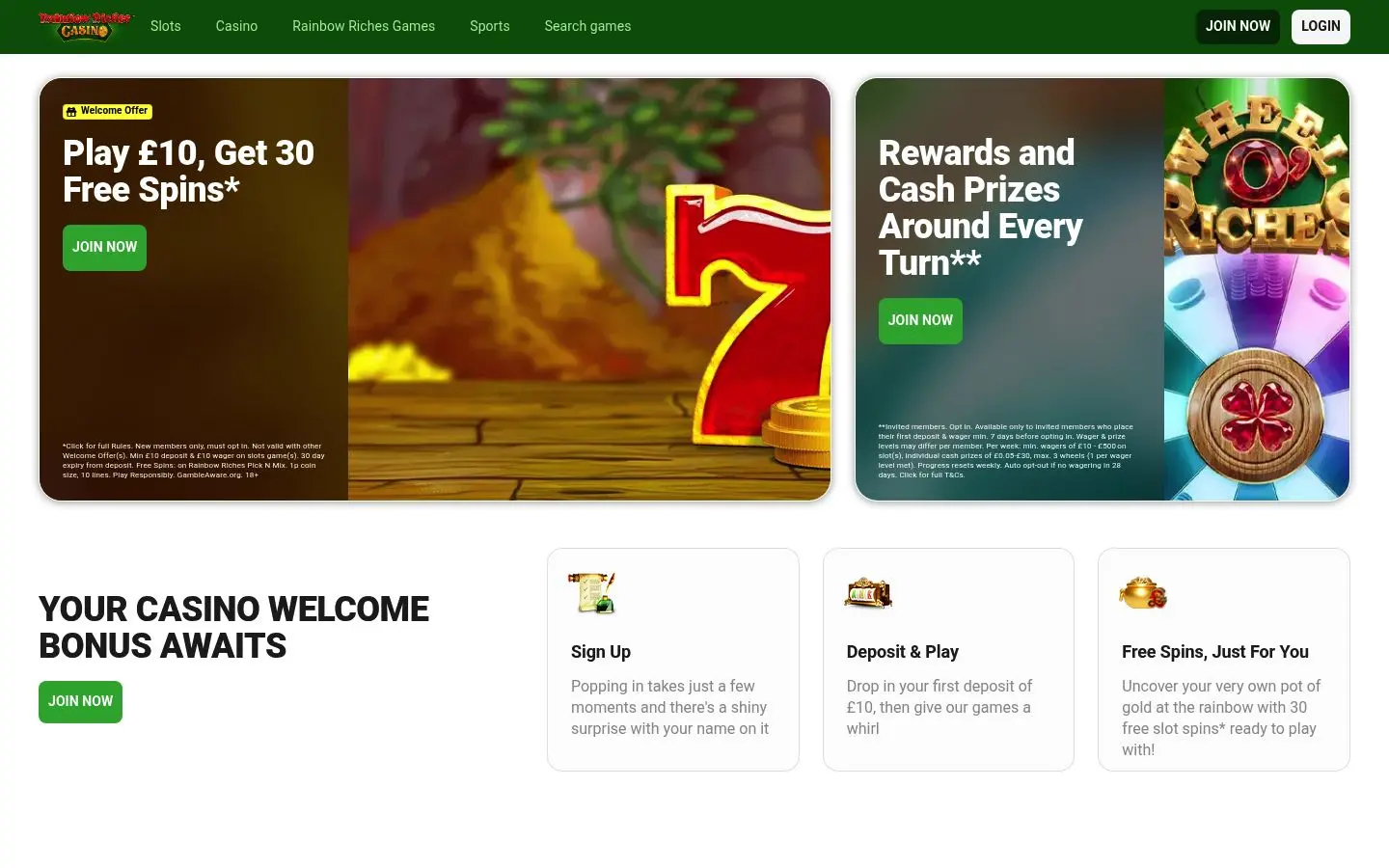 Rainbow Riches Casino homepage