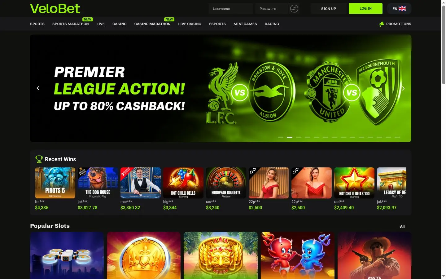 Velobet homepage