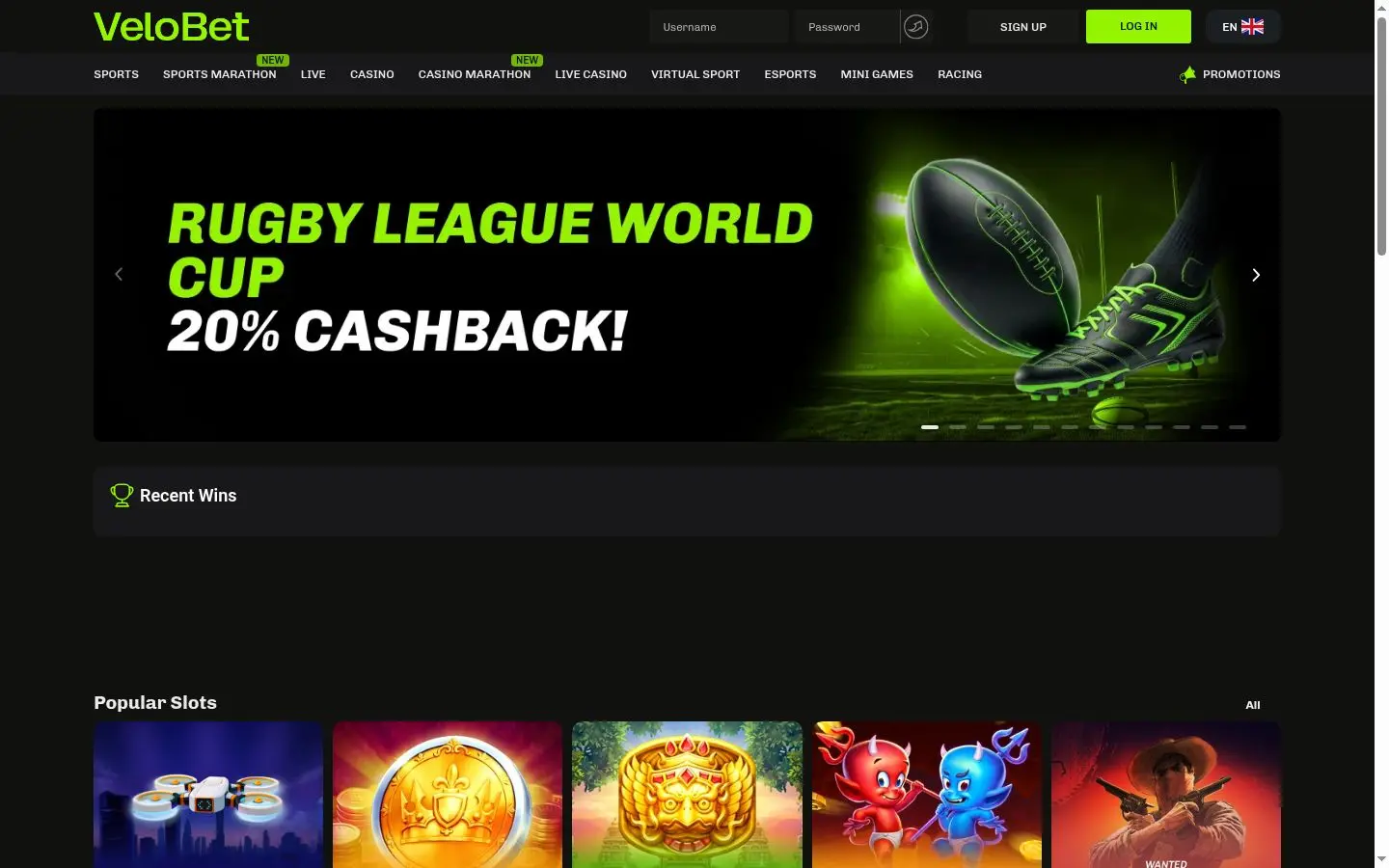 Velobet homepage